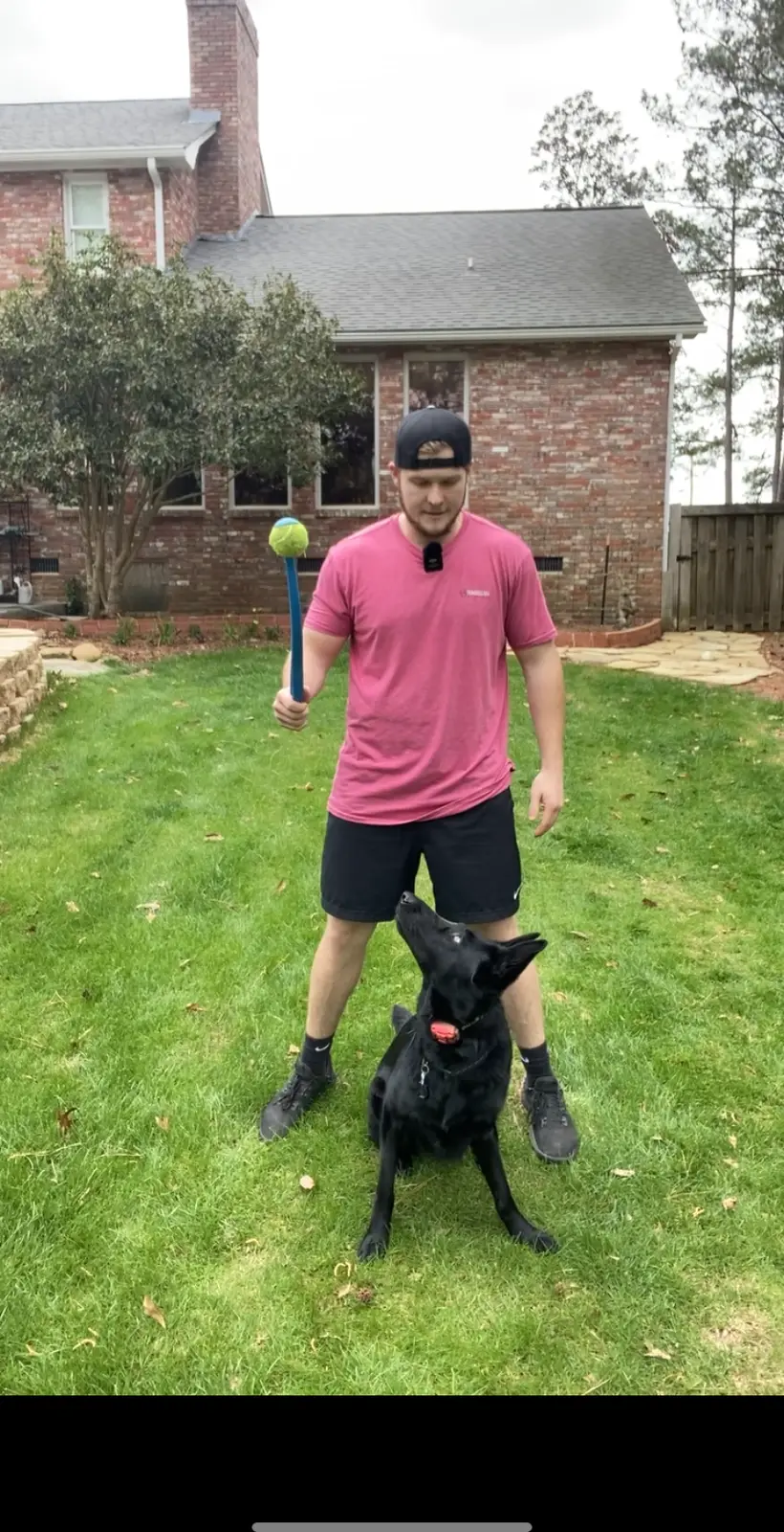 Bailey Clark holding a ball launcher while a black German Shepherd watches him attentively in a backyard
