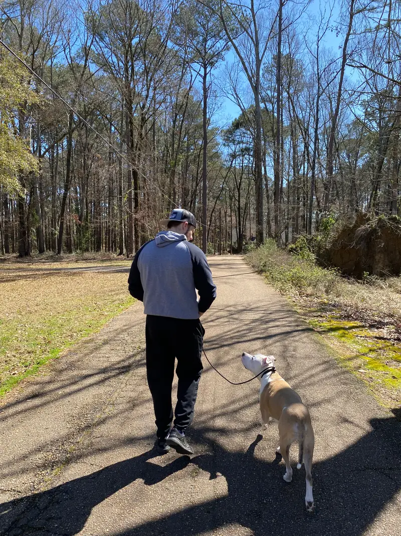 Bailey Clark walking a white dog on a loose leash along a wooded road near home base