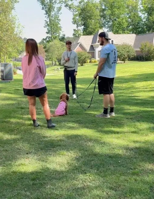 Bailey Clark coaching a couple in their yard while their doodle holds a sit during a private lesson
