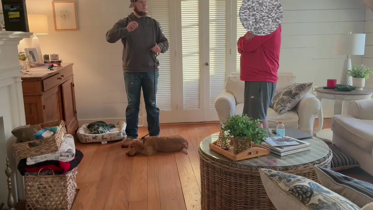 Bailey Clark coaching an owner while their dog rests on a place bed during an in-home lesson